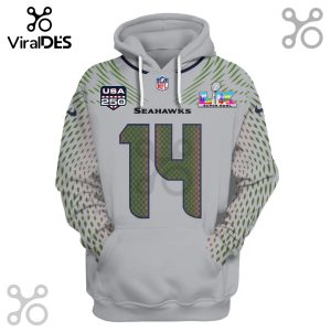 Gray hoodie with Seattle Seahawks theme, USA 250 logo, NFL logo, Super Bowl logo, and number 14.!