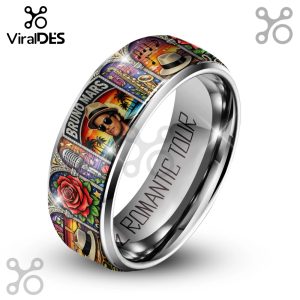 Ring featuring Bruno Mars imagery, musical notes, microphone, rose, and says 'Romantic Tour' inside.!