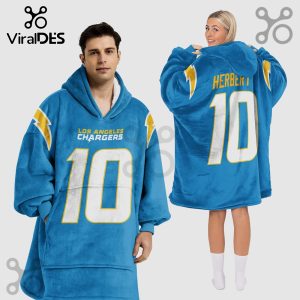 Two models wearing light blue oversized hoodie blankets with 'Los Angeles Chargers' and the number 10 on the front and back. One has the name 'Herbert' on the back.!