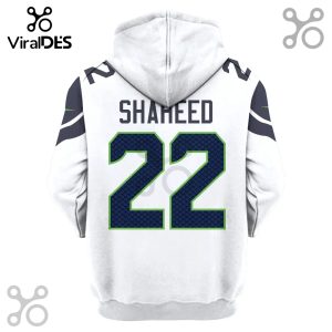 Back of white hoodie with 'SHAHEED' and the number '22' in blue and green. The sleeves have blue accents.!