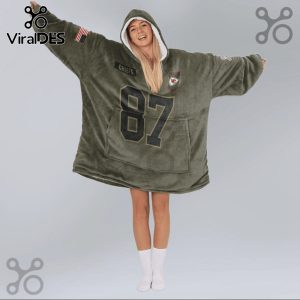 Olive green wearable blanket hoodie with a 'CHIEFS' patch, US flag, team logo, and the number '87' on the front.!