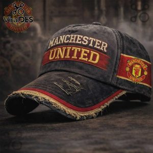 Distressed black cap with 'Manchester United' text and logo on a red banner!