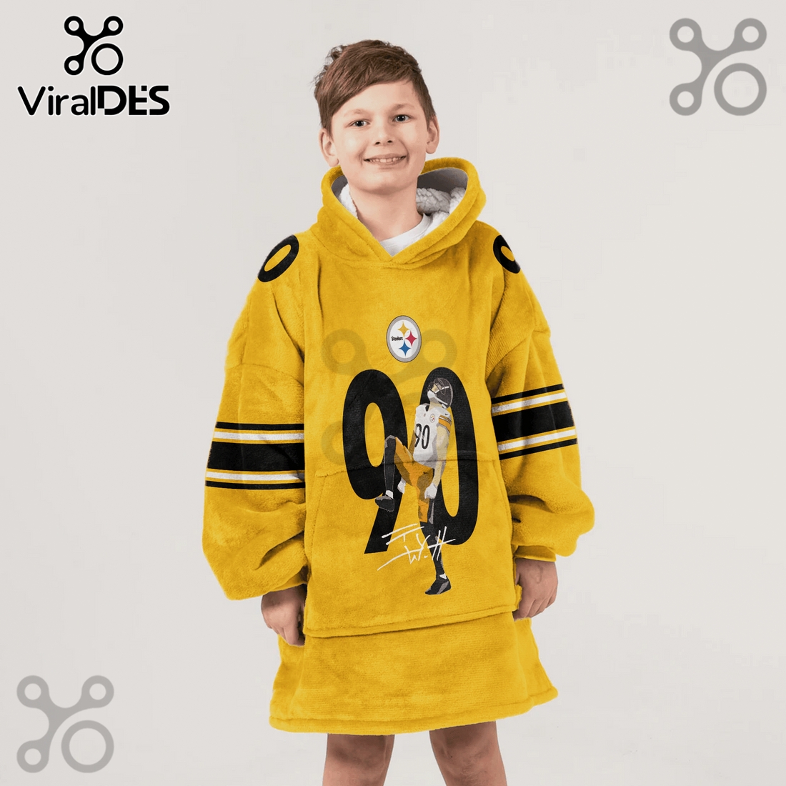 Pittsburgh Steelers T.J. Watt 90 Yellow NFL Football Blanket Hoodie Pittsburgh Steelers T.J. Watt 90 Yellow NFL Football Blanket Hoodie