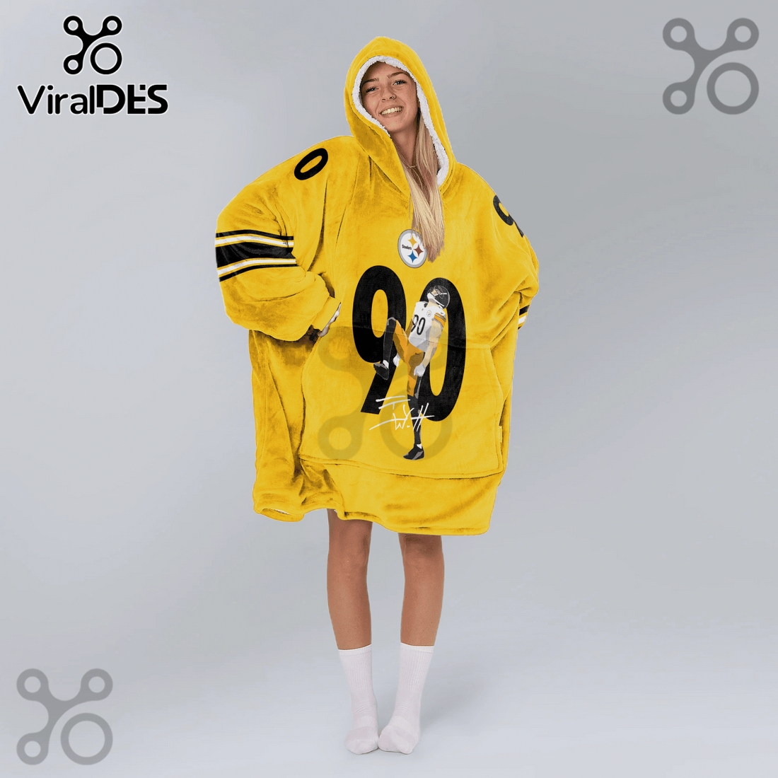 Pittsburgh Steelers T.J. Watt 90 Yellow NFL Football Blanket Hoodie Pittsburgh Steelers T.J. Watt 90 Yellow NFL Football Blanket Hoodie