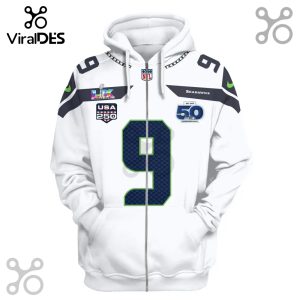 White zip-up hoodie with Seattle Seahawks number 9 jersey design, NFL logo, and Super Bowl patch.!