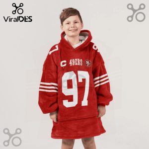 Boy wearing red oversized hoodie blanket with 49ers logo and the number 97.!