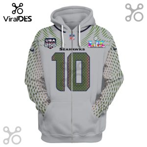 Gray zip-up hoodie with a Seattle Seahawks theme, featuring number 10, Super Bowl logo, and USA 250 patch.!