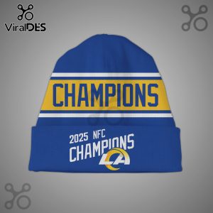 Blue beanie with 'CHAMPIONS' and '2025 NFC CHAMPIONS' text featuring the Los Angeles Rams logo.!