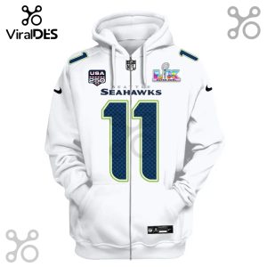White hoodie with Seattle Seahawks #11 jersey design, Super Bowl LVI patch and USA 250 logo.!