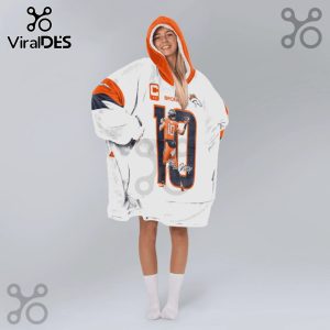 Snuggle Hoodie featuring an athlete, Broncos number 10, and signature on a white and orange wearable blanket.!