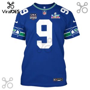 Blue football jersey with number 9, Seahawks logo, and Super Bowl LVIII emblem.!