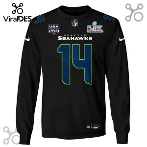Black long sleeve shirt with Seattle Seahawks theme, featuring number 14 and Super Bowl LVIII graphic.!