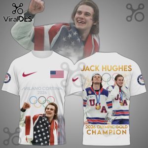 All-over print t-shirt featuring Jack Hughes, the USA flag, and '2026 Olympic Gold Champion' text.!