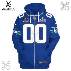 Blue zip-up hoodie with Seattle Seahawks inspired design featuring team logos, Super Bowl LVIII patch, and USA 250 patch!