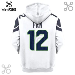 Back of white hoodie with 'FAN' and the number '12' in dark blue and green, resembling a sports jersey.!