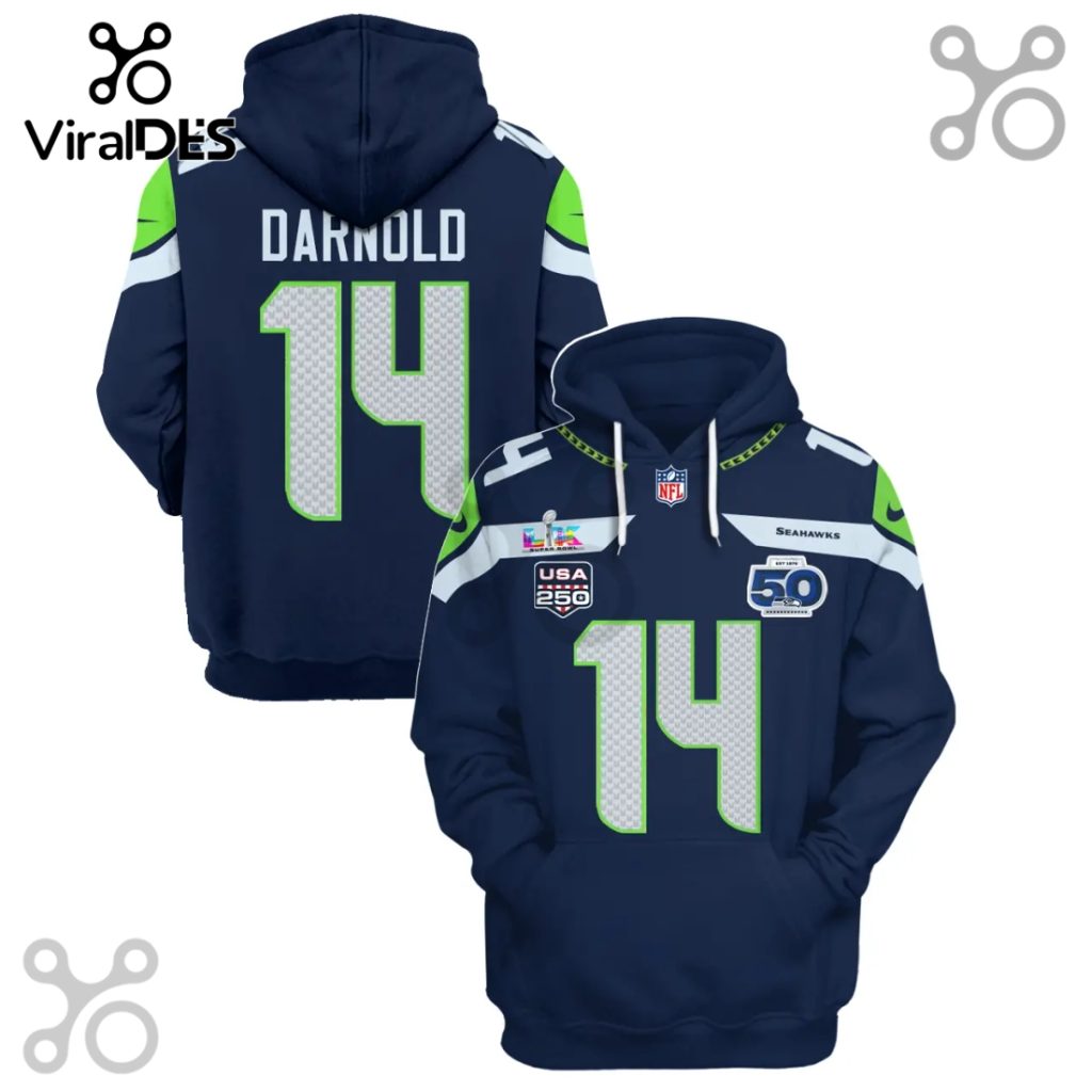 Seattle Seahawks Darnold 14 Super Bowl LVII 50th Anniversary 3D Hoodie Seattle Seahawks Darnold 14 Super Bowl LVII 50th Anniversary 3D Hoodie