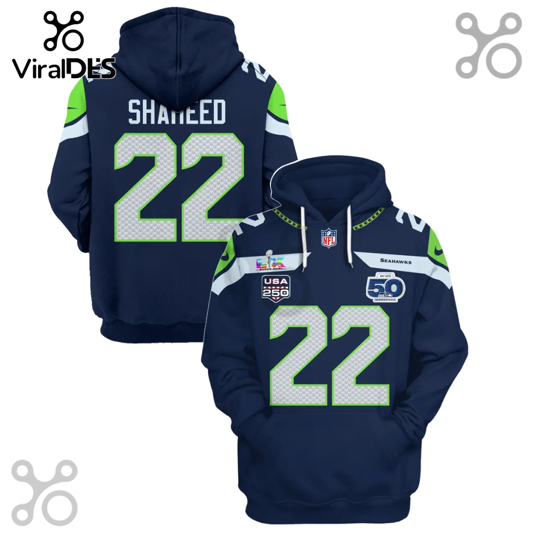 Seattle Seahawks Shaheed 22 Super Bowl LVIII USA 250 50th Anniversary 3D Hoodie Seattle Seahawks Shaheed 22 Super Bowl LVIII USA 250 50th Anniversary 3D Hoodie