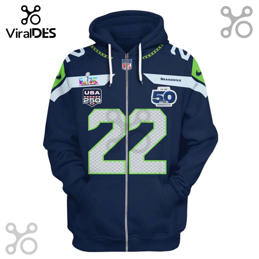 Seattle Seahawks Shaheed 22 Super Bowl LVIII USA 250 50th Anniversary 3D Hoodie Seattle Seahawks Shaheed 22 Super Bowl LVIII USA 250 50th Anniversary 3D Hoodie