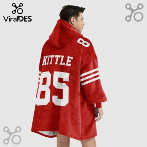 Red hooded blanket featuring 'KITTLE', the number '85', and white stripes, resembling a sports jersey.!
