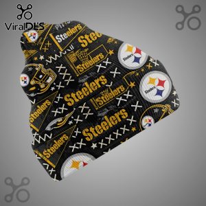 Pittsburgh Steelers themed beanie with logos, helmets, and text on a black background.!
