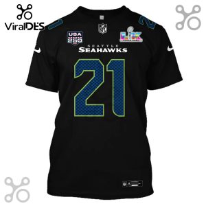 Black Seattle Seahawks jersey with number 21, Super Bowl LIX logo, and USA 250 badge on the sleeves.!
