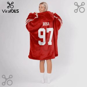 Red oversized hoodie blanket with white stripes on sleeves, 'BOSA' and '97' on back.!