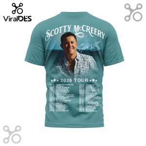 Scotty McCreery 2026 Tour teal t-shirt featuring tour dates and a portrait of the artist.!