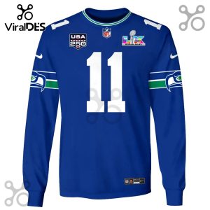 Blue long-sleeved sports jersey with number 11, Seahawks logo, Super Bowl LVIII patch, and USA 250 patch.!