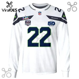 White long-sleeved shirt featuring Seattle Seahawks elements and the number '22'.!