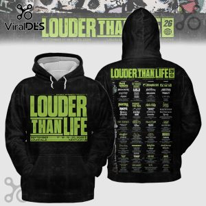 Louder Than Life 2026 Festival hoodie; music festival lineup graphic on front and back.!