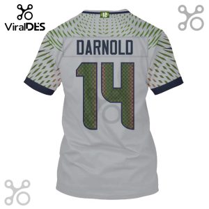 Back of a white sports jersey with the name DAROLD and number 14, with a modern leaf pattern.!