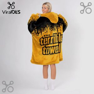 The Terrible Towel text graphic on an oversized hoodie blanket in gold and black colors.!
