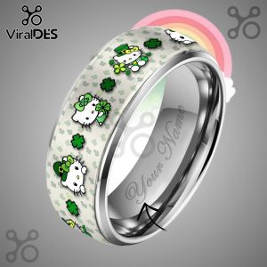 Personalized Hello Kitty silver tungsten ring with custom name engraving. Durable and adorable jewelry.