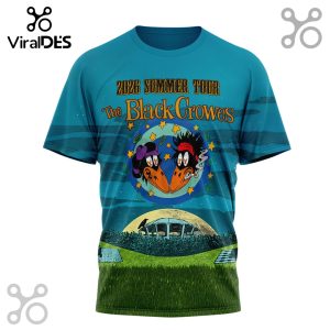 Teal t-shirt shows '2026 SUMMER TOUR The Black Crowes' text! Cartoon crows, one smoking, over a stadium at night!