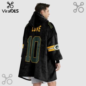 Black hooded blanket featuring 'LUV' and '10' in green and gold, resembling a football jersey.!