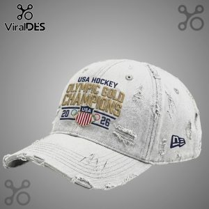 Distressed white cap with 'USA Hockey Olympic Gold Champions 2026' text and USA emblem.!