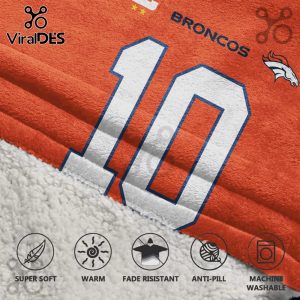 Orange Sherpa blanket featuring 'BRONCOS' and the number 10 in blue and white, with team logo.!