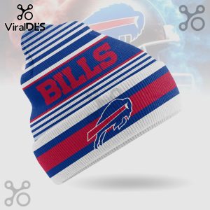 Blue, red, and white striped beanie with 'BILLS' text and a Buffalo logo.!