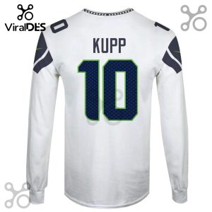 White long sleeve shirt with the name KUPP and the number 10 on the back, football jersey style.!