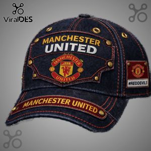 Denim cap with Manchester United logo, text, and #RedDevils tag.!