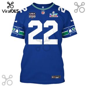 Blue Seahawks jersey with the number 22 and Super Bowl LVIII logo.!