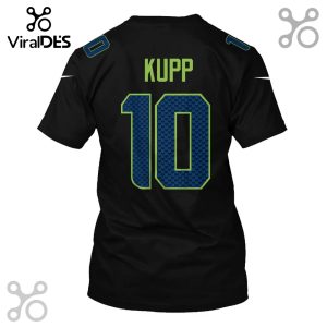 Black t-shirt featuring 'KUPP' and number '10' in blue and green with a subtle pattern, reminiscent of a sports jersey.!