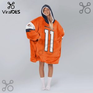 Person wearing an oversized orange hoodie with 'Broncos' and the number 11 printed on it.!