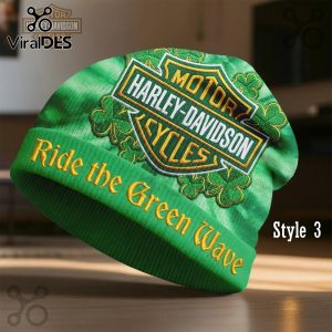 Green tie-dye beanie with Harley-Davidson logo and shamrocks. Yellow text: Ride the Green Wave.!