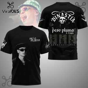 Black t-shirt with Peso Pluma images, PESO PLUMA text, DINASTÍA & friends text, and concert tour dates!