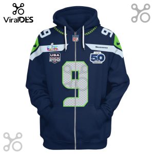 Navy hoodie with Seattle Seahawks design, number 9, and Super Bowl LIX logo.!