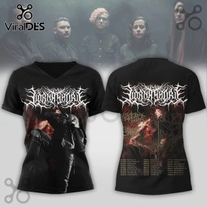 Black V-neck t-shirt with white Lorna Shore logo. Front features band member screaming, back has demonic figure and tour dates!