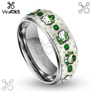 Personalized Hello Kitty silver tungsten ring with custom name engraving.