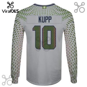 White long sleeve shirt featuring 'Kupp' and number '10' filled with repeating '12' pattern.!