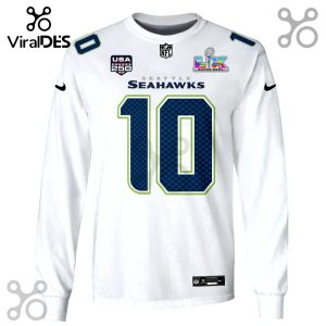 White long sleeve shirt featuring a Seattle Seahawks jersey design with the number 10, team logos, and Super Bowl LIX graphic.!